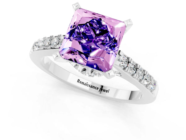 Platinum Princess Cut Tanzanite Solitaire Ring with Crossover Gallery and Round  Pavé Band