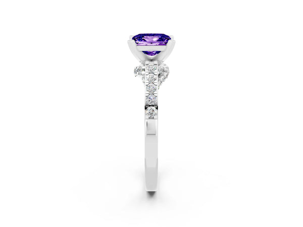 Platinum Princess Cut Tanzanite Solitaire Ring with Crossover Gallery and Round  Pavé Band