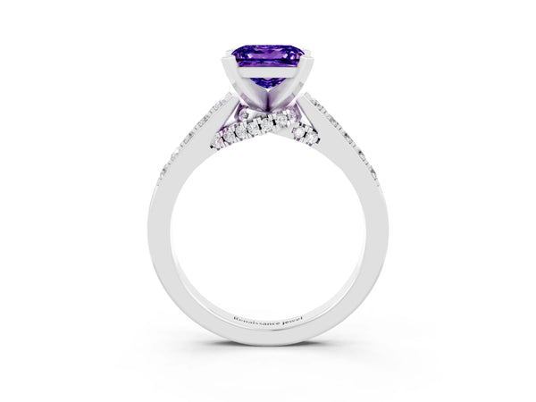 Silver Princess Cut Tanzanite Solitaire Ring with Crossover Gallery and Round  Pavé Band