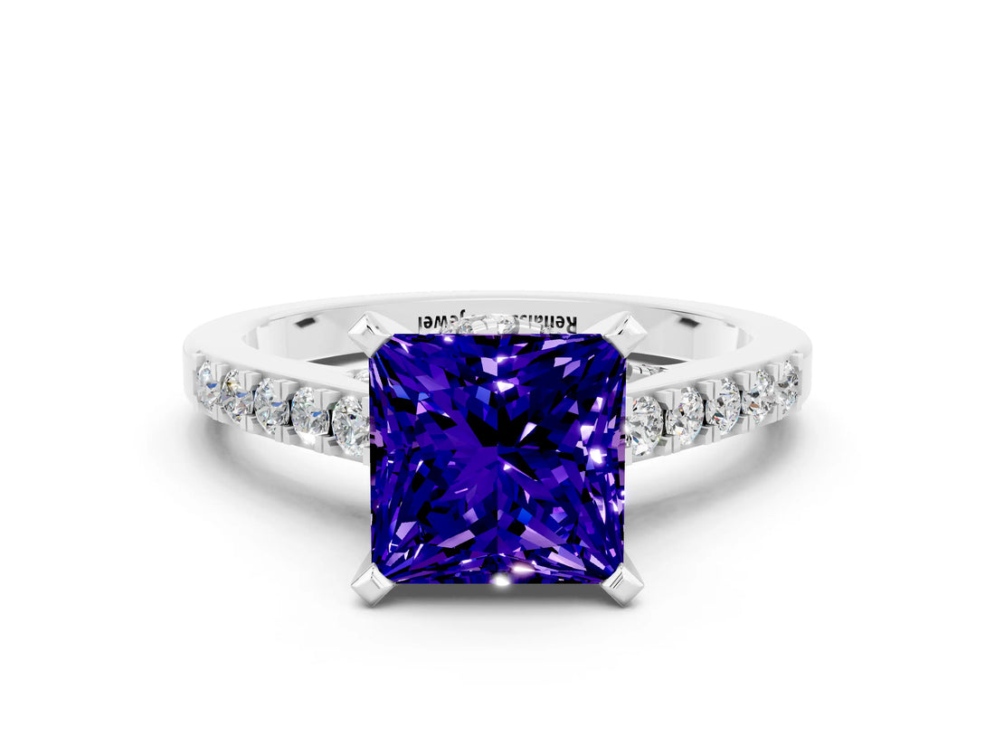 White gold Princess Cut Tanzanite Solitaire Ring with Crossover Gallery and Round  Pavé Band_36