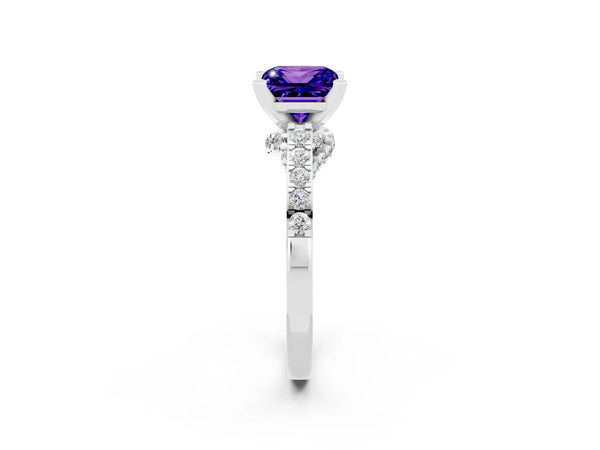 White gold Princess Cut Tanzanite Solitaire Ring with Crossover Gallery and Round  Pavé Band