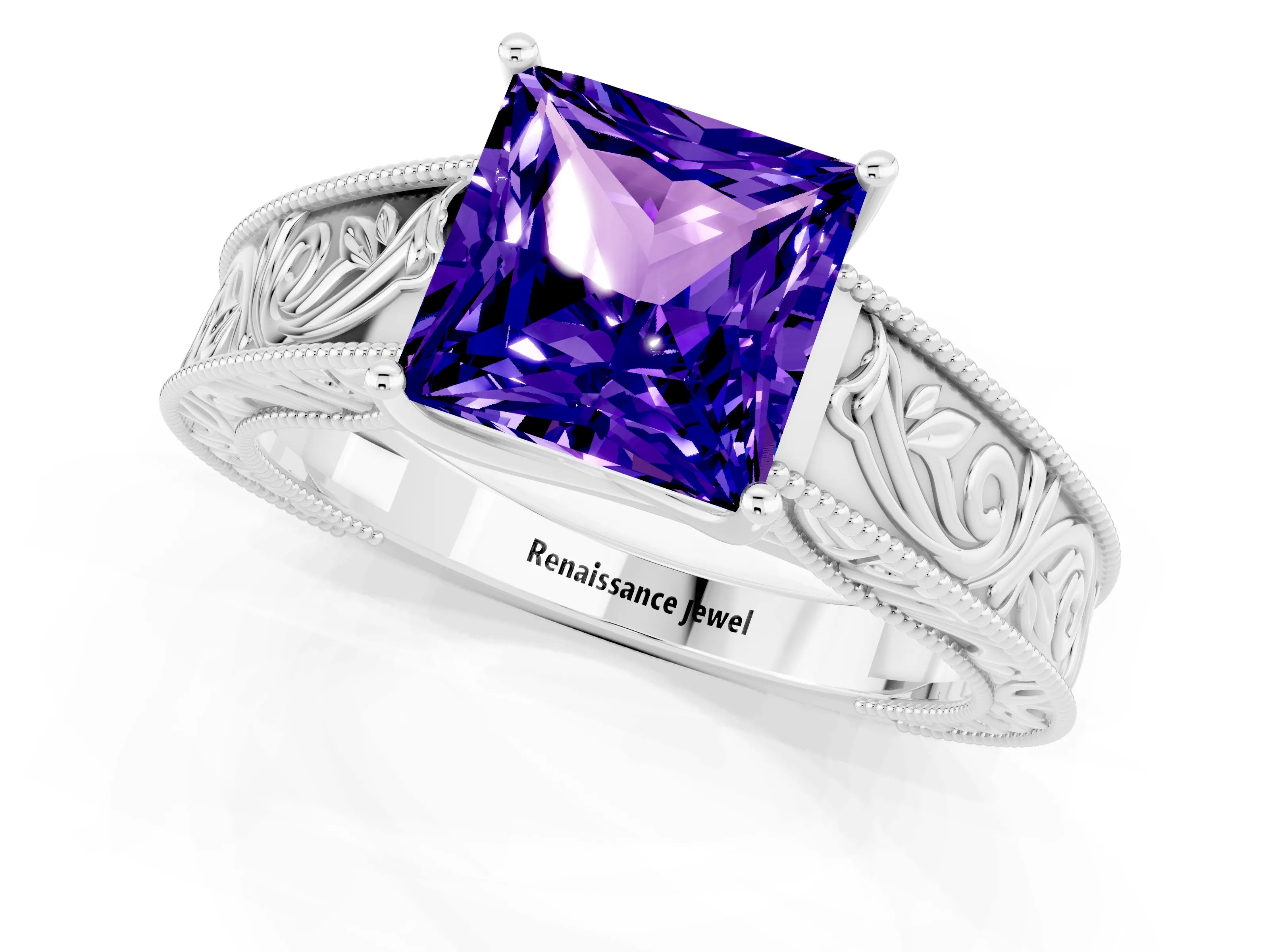 White gold Princess Cut Tanzanite Solitaire Ring with Engraved Band and Four-Prong Setting_1