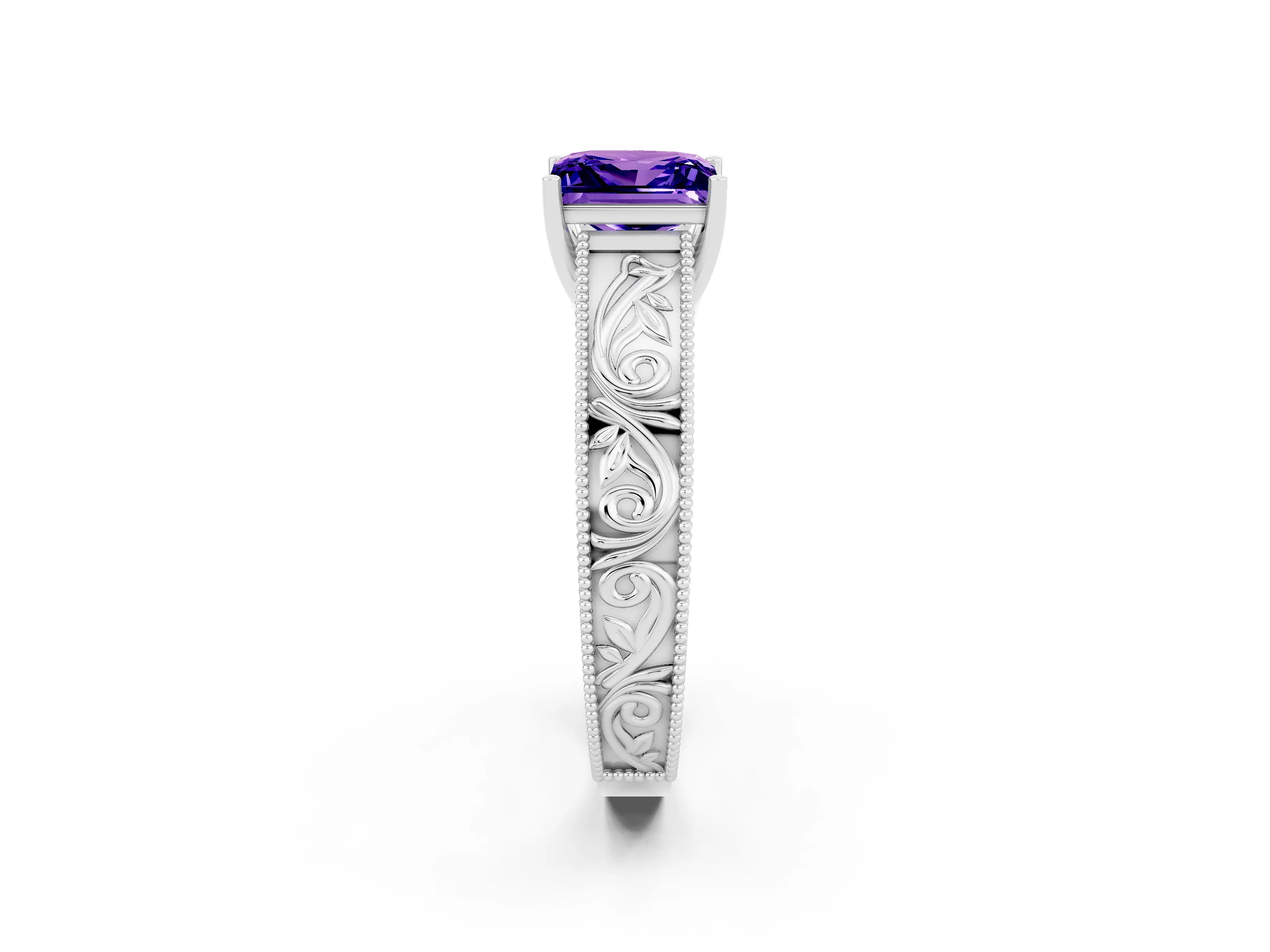 White gold Princess Cut Tanzanite Solitaire Ring with Engraved Band and Four-Prong Setting_2