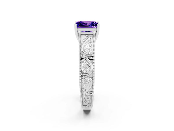 Platinum Princess Cut Tanzanite Solitaire Ring with Engraved Band and Four-Prong Setting