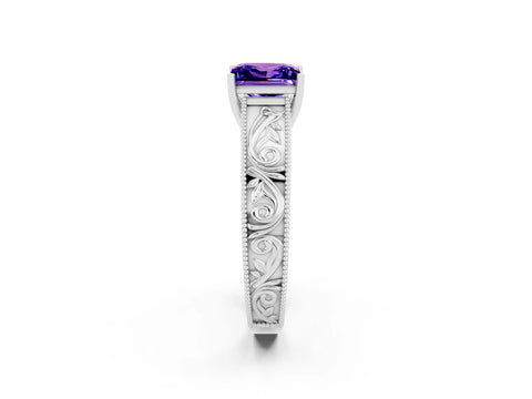 White gold Princess Cut Tanzanite Solitaire Ring with Engraved Band and Four-Prong Setting_2