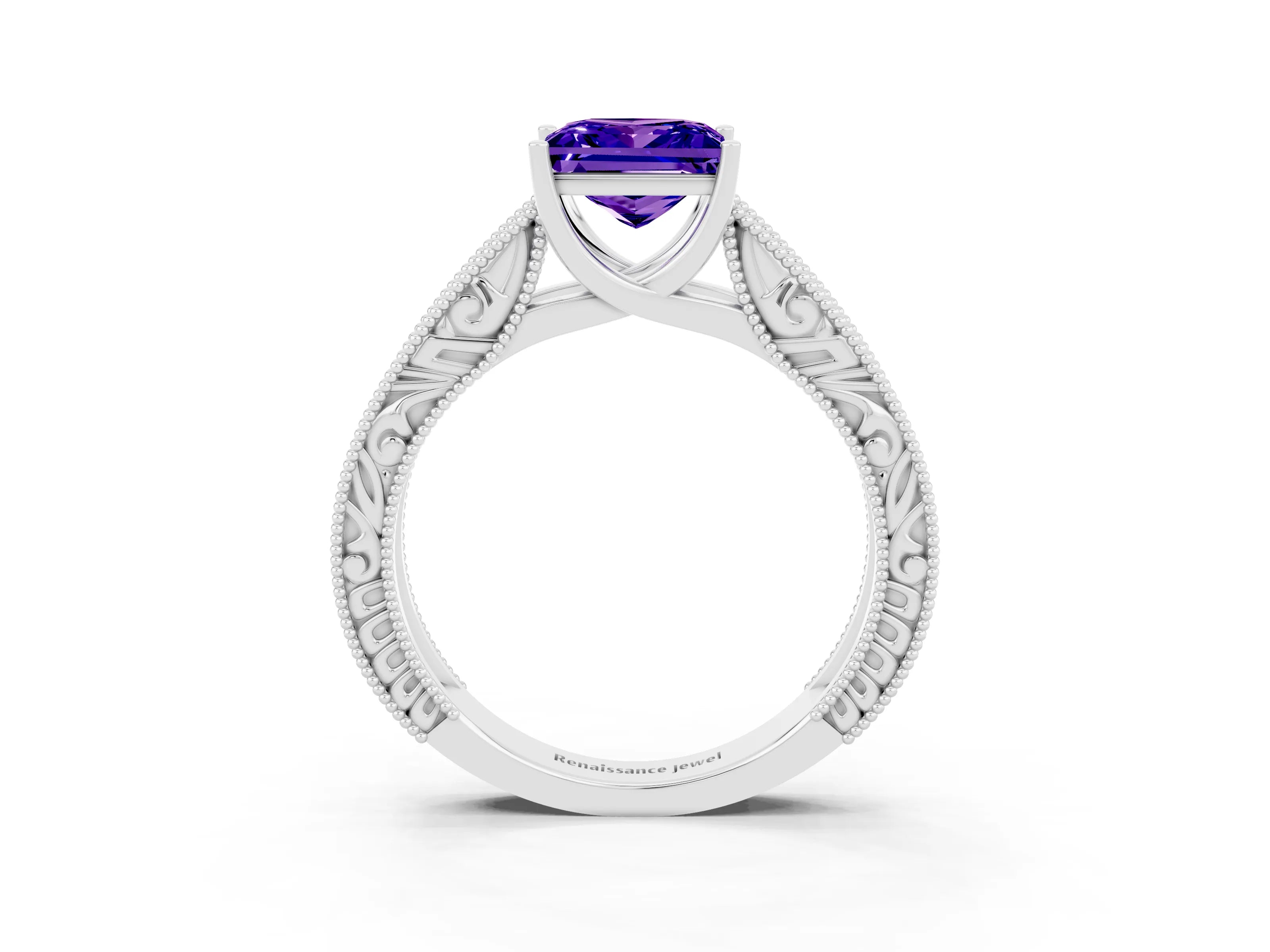 White gold Princess Cut Tanzanite Solitaire Ring with Engraved Band and Four-Prong Setting_3