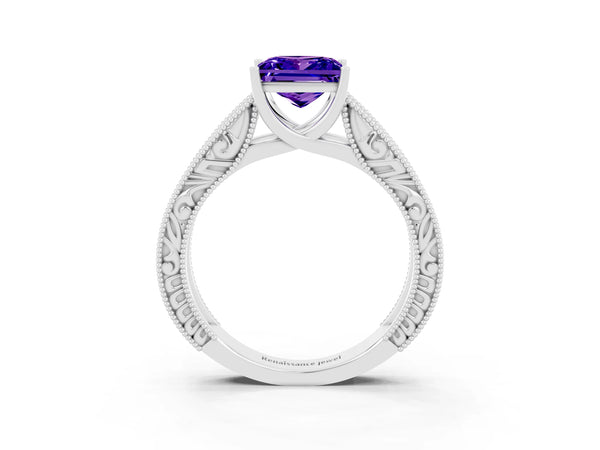 Platinum Princess Cut Tanzanite Solitaire Ring with Engraved Band and Four-Prong Setting