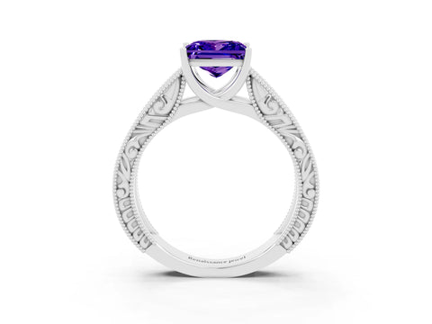 White gold Princess Cut Tanzanite Solitaire Ring with Engraved Band and Four-Prong Setting_3