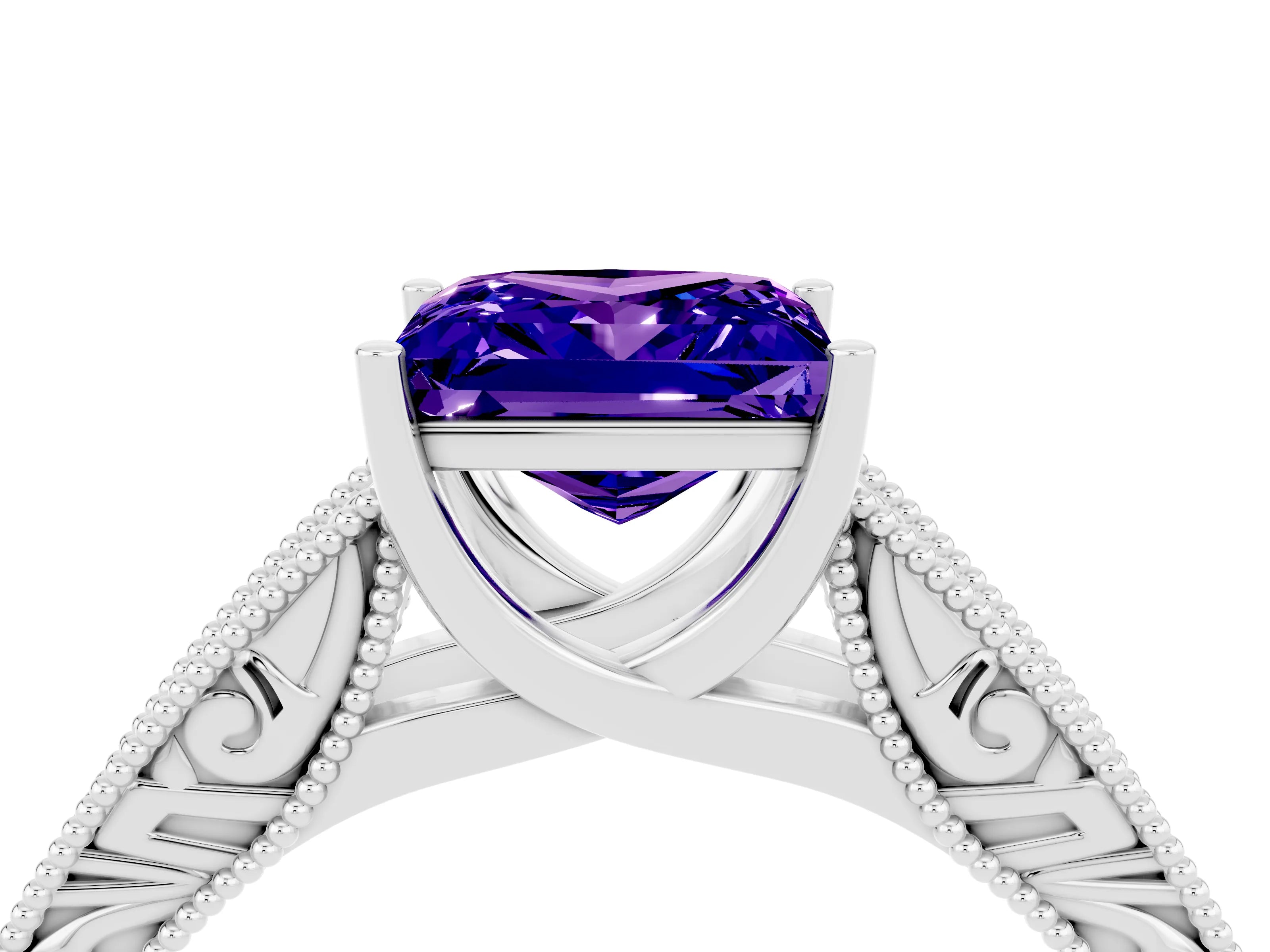 White gold Princess Cut Tanzanite Solitaire Ring with Engraved Band and Four-Prong Setting_4