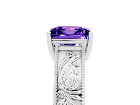 White gold Princess Cut Tanzanite Solitaire Ring with Engraved Band and Four-Prong Setting_5