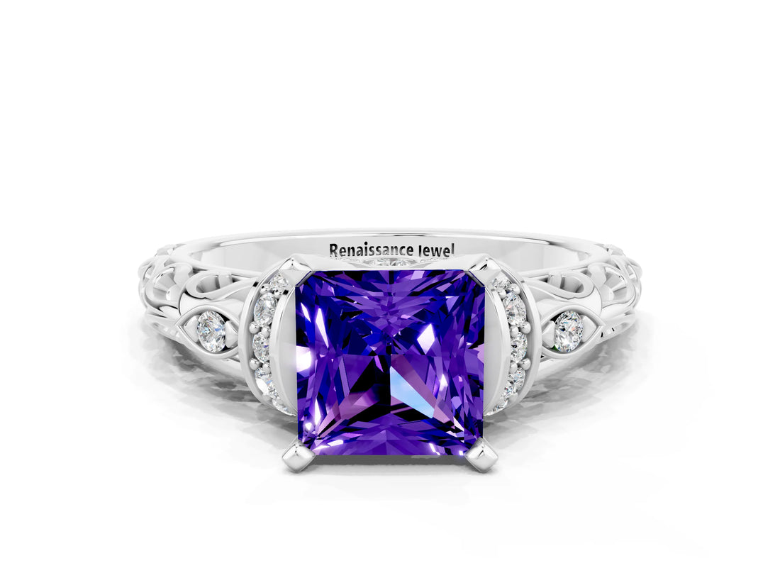 White gold Princess Cut Tanzanite Solitaire Ring with Filigree Band and Four-Prong Setting_24
