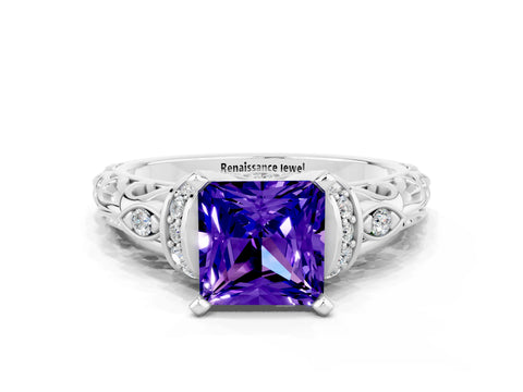 White gold Princess Cut Tanzanite Solitaire Ring with Filigree Band and Four-Prong Setting_24