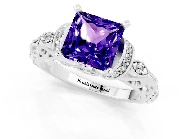 Platinum Princess Cut Tanzanite Solitaire Ring with Filigree Band and Four-Prong Setting