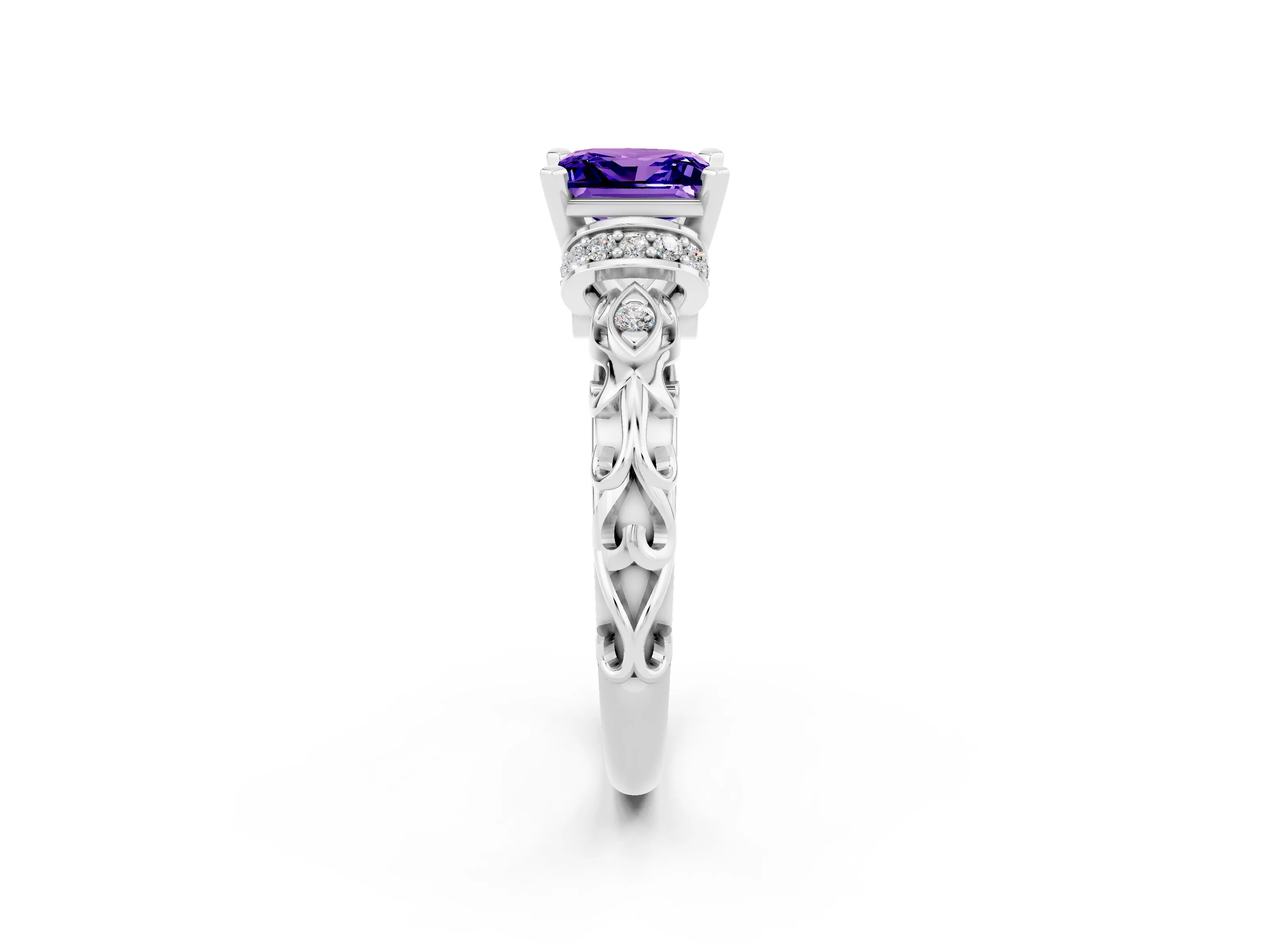 White gold Princess Cut Tanzanite Solitaire Ring with Filigree Band and Four-Prong Setting_26