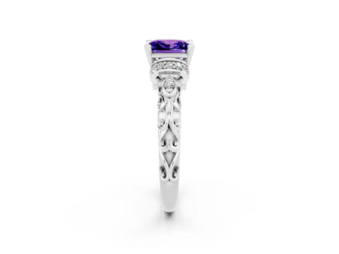 White gold Princess Cut Tanzanite Solitaire Ring with Filigree Band and Four-Prong Setting_26