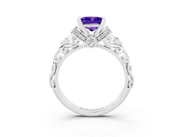 Platinum Princess Cut Tanzanite Solitaire Ring with Filigree Band and Four-Prong Setting