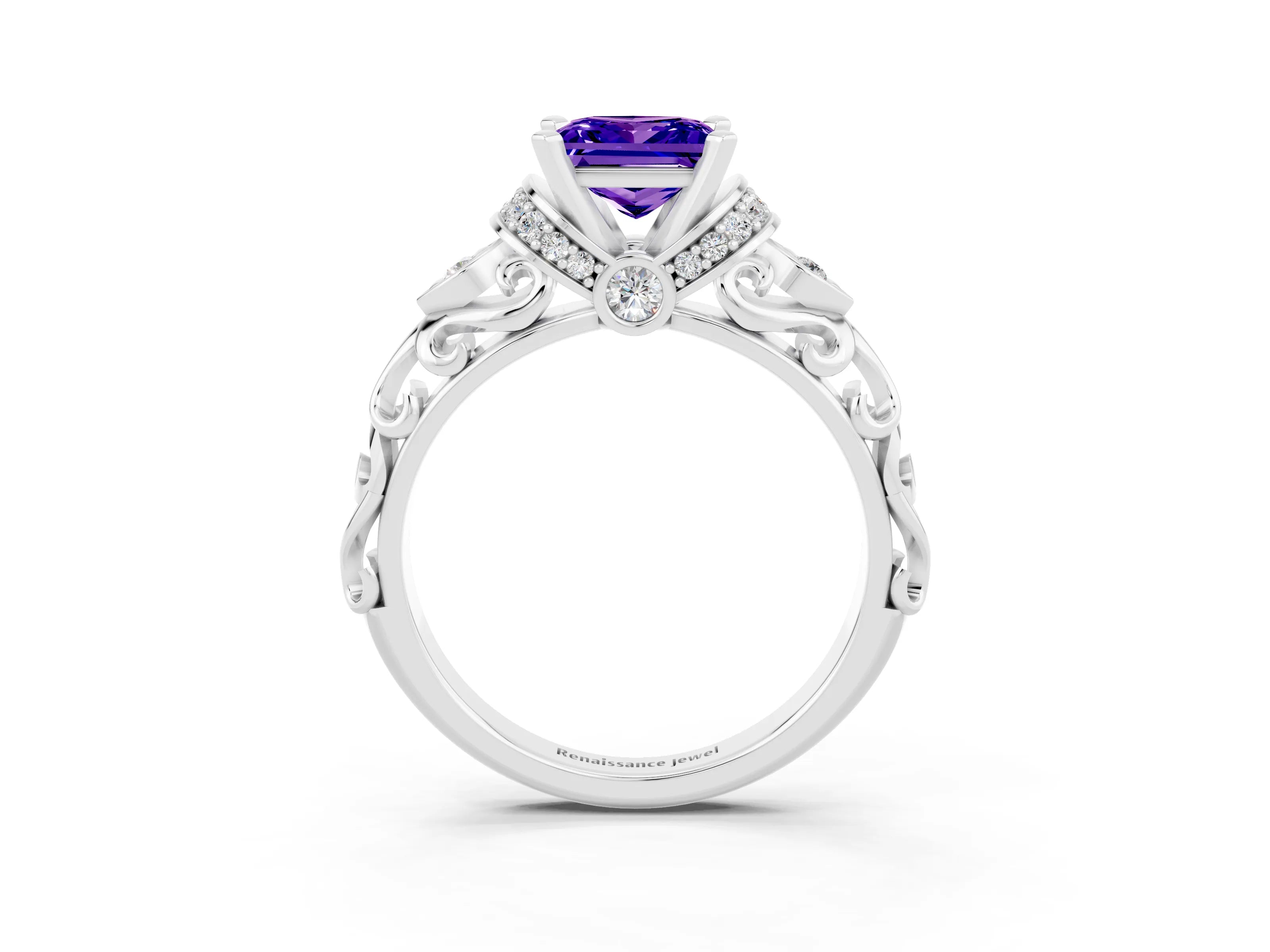 White gold Princess Cut Tanzanite Solitaire Ring with Filigree Band and Four-Prong Setting_27