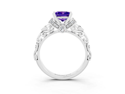 White gold Princess Cut Tanzanite Solitaire Ring with Filigree Band and Four-Prong Setting_27