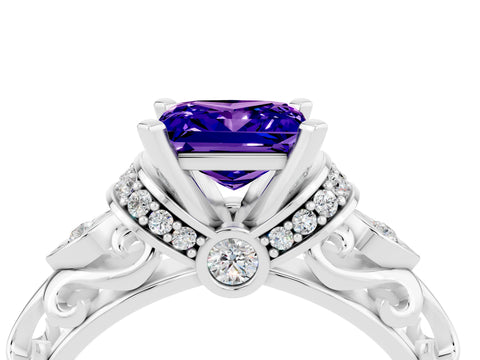 White gold Princess Cut Tanzanite Solitaire Ring with Filigree Band and Four-Prong Setting_28