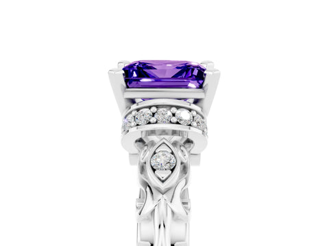 White gold Princess Cut Tanzanite Solitaire Ring with Filigree Band and Four-Prong Setting_29