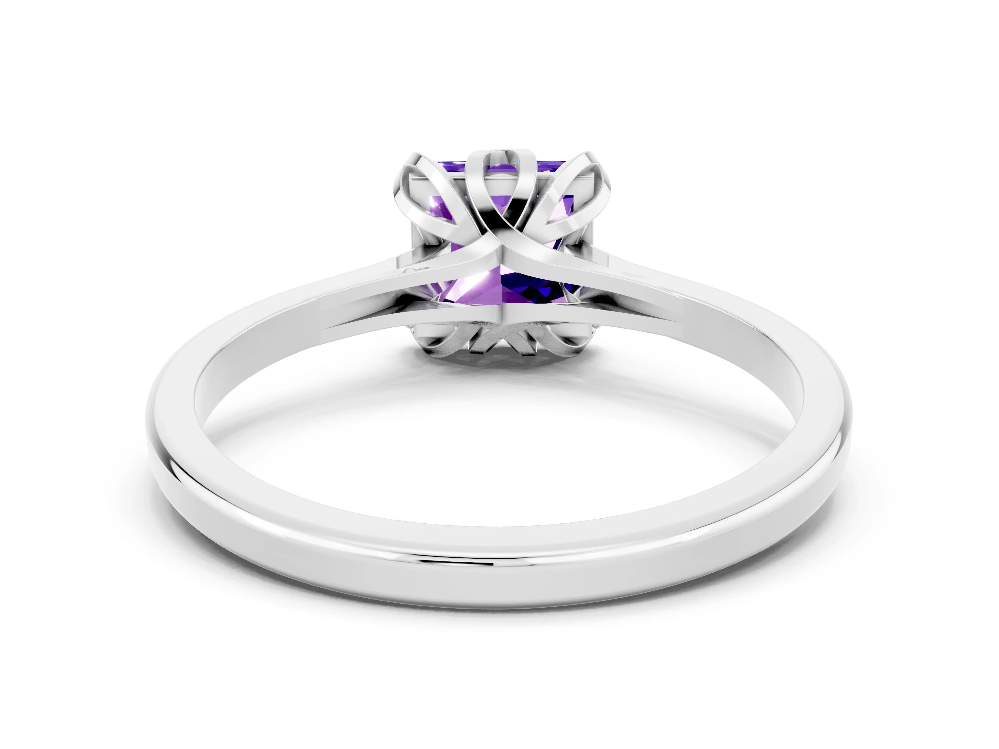 White gold Princess Cut Tanzanite Solitaire Ring with Flower Prong Setting and Classic Band_36