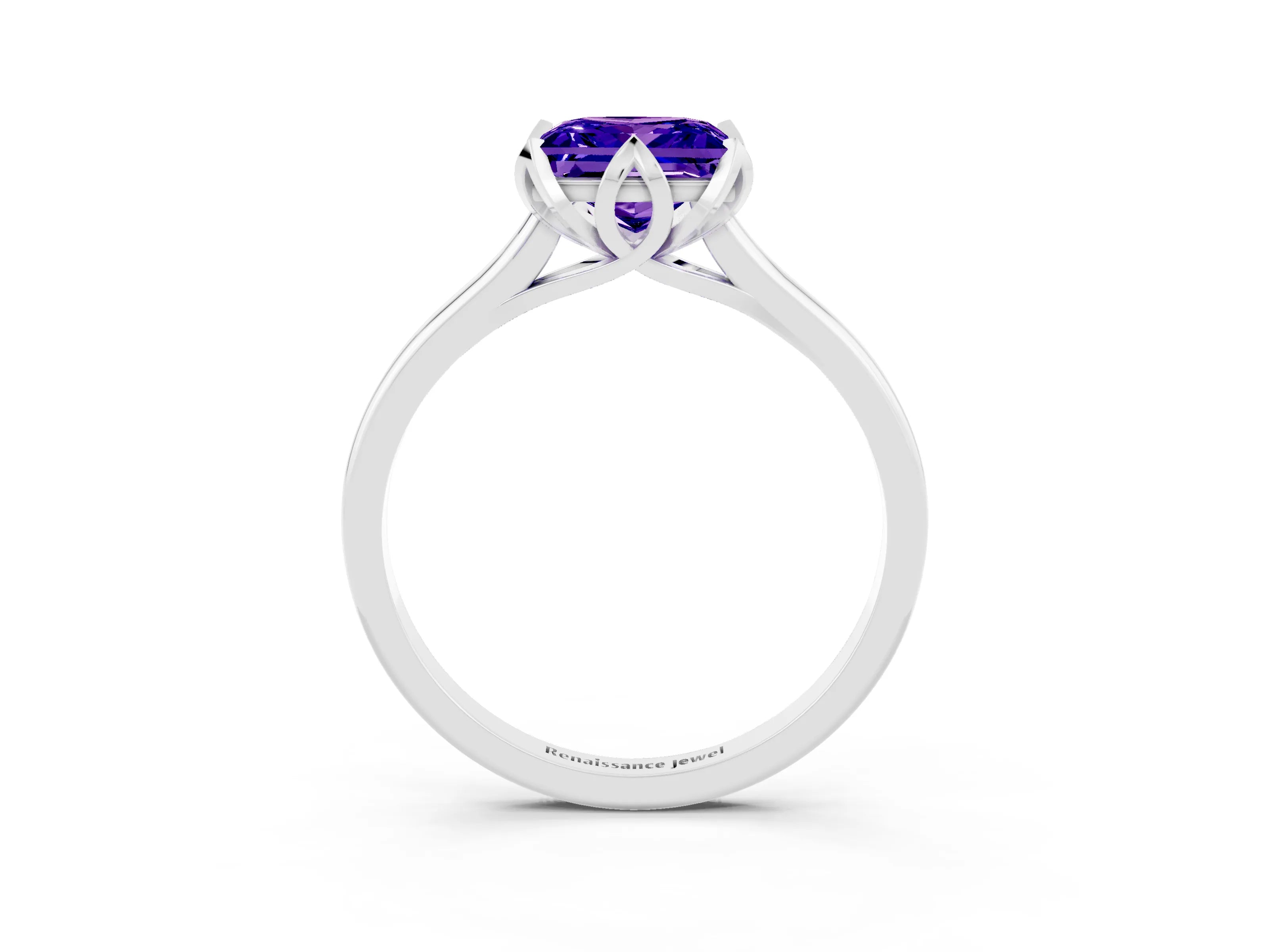White gold Princess Cut Tanzanite Solitaire Ring with Flower Prong Setting and Classic Band_39