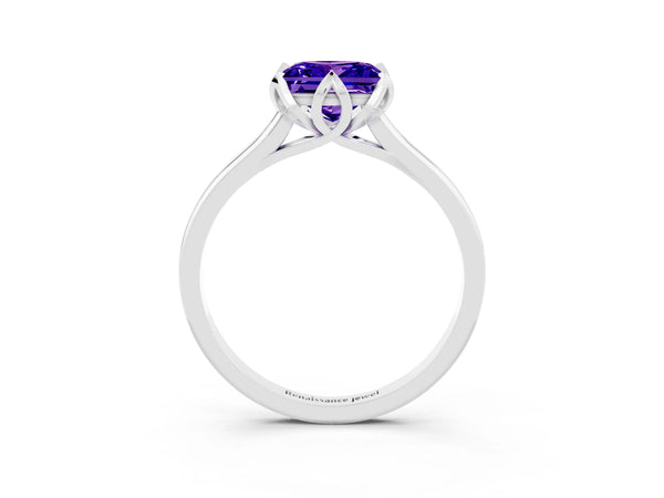 White gold Princess Cut Tanzanite Solitaire Ring with Flower Prong Setting and Classic Band