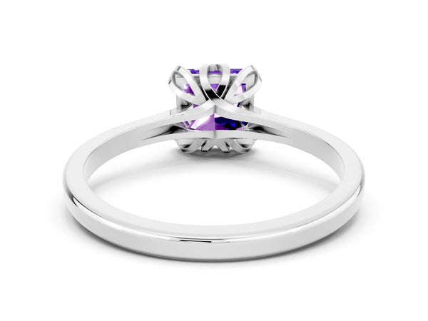 White gold Princess Cut Tanzanite Solitaire Ring with Flower Prong Setting and Classic Band