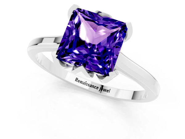 White gold Princess Cut Tanzanite Solitaire Ring with Flower Prong Setting and Classic Band
