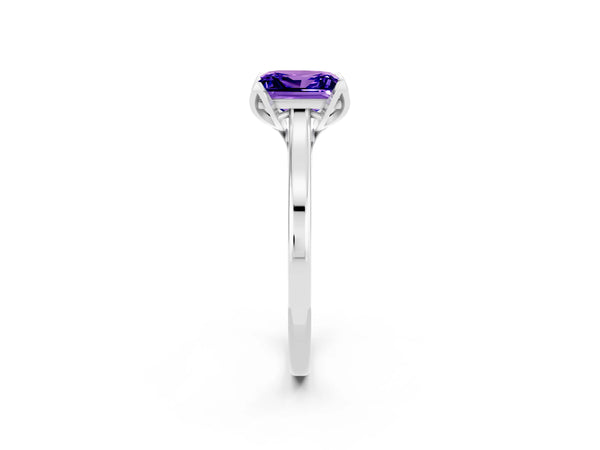White gold Princess Cut Tanzanite Solitaire Ring with Flower Prong Setting and Classic Band
