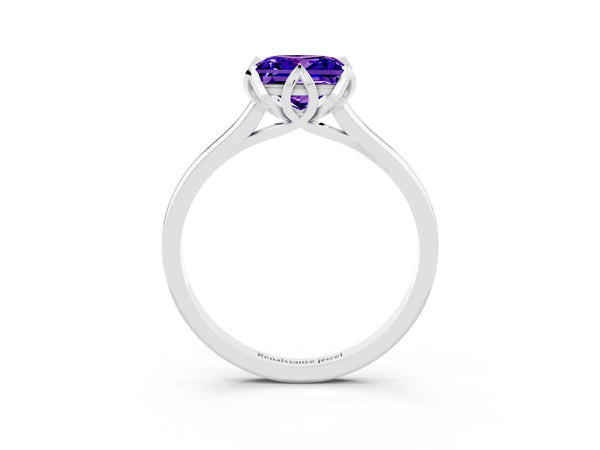 White gold Princess Cut Tanzanite Solitaire Ring with Flower Prong Setting and Classic Band
