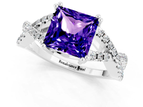 White gold Princess Cut Tanzanite Solitaire Ring with Four-Prong Setting and Twisted Pavé Band