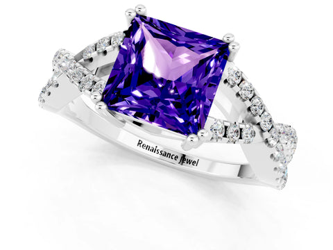 White gold Princess Cut Tanzanite Solitaire Ring with Four-Prong Setting and Twisted Pavé Band_1