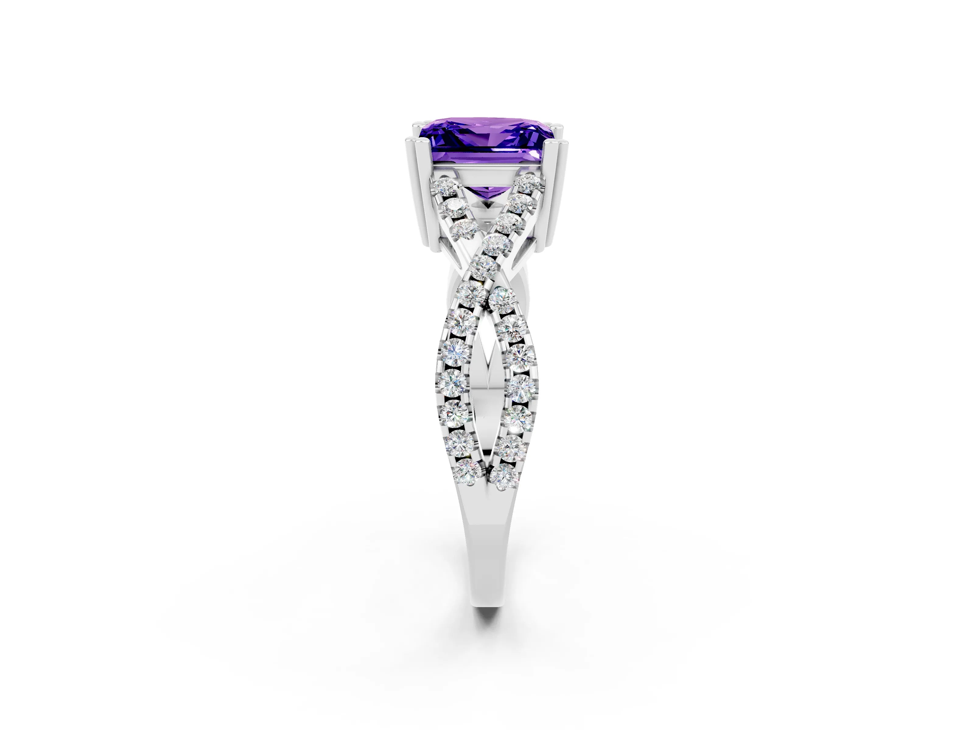 White gold Princess Cut Tanzanite Solitaire Ring with Four-Prong Setting and Twisted Pavé Band_2