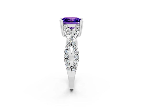 White gold Princess Cut Tanzanite Solitaire Ring with Four-Prong Setting and Twisted Pavé Band