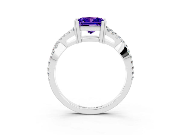 Silver Princess Cut Tanzanite Solitaire Ring with Four-Prong Setting and Twisted Pavé Band