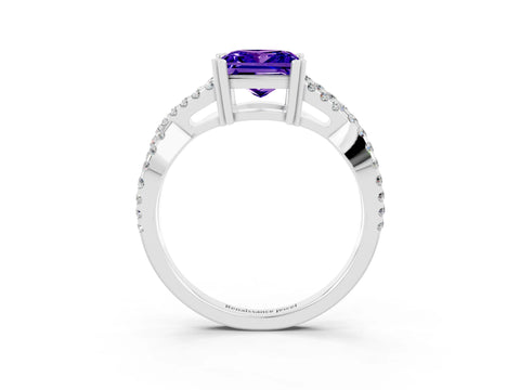 White gold Princess Cut Tanzanite Solitaire Ring with Four-Prong Setting and Twisted Pavé Band_3