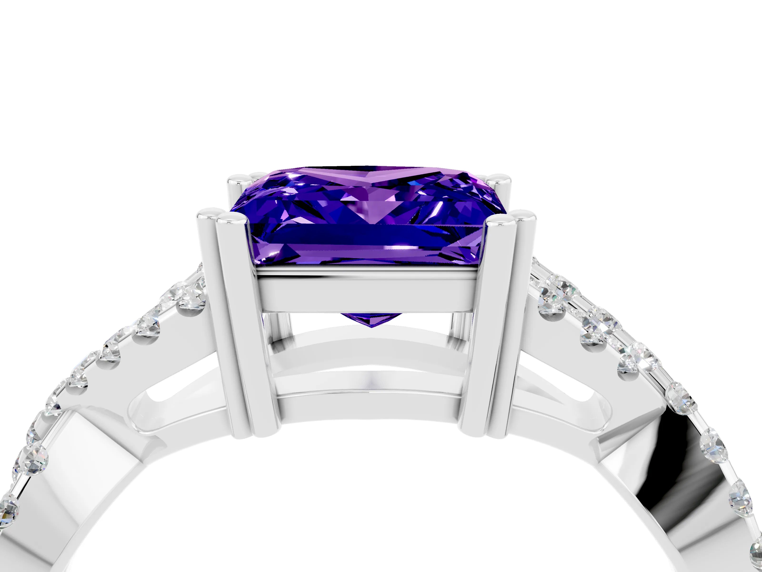 White gold Princess Cut Tanzanite Solitaire Ring with Four-Prong Setting and Twisted Pavé Band_4