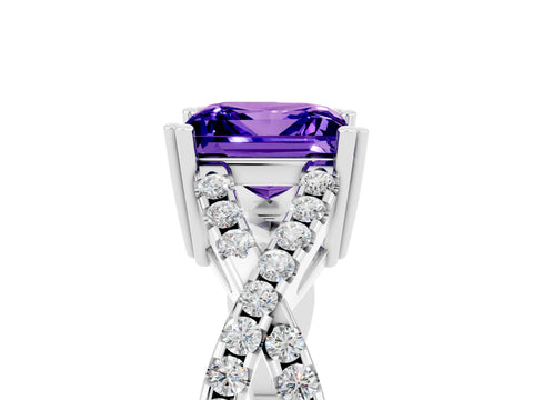 White gold Princess Cut Tanzanite Solitaire Ring with Four-Prong Setting and Twisted Pavé Band_5