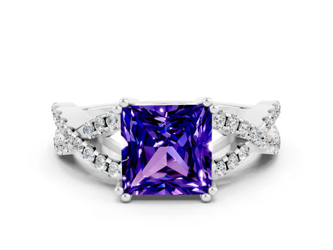White gold Princess Cut Tanzanite Solitaire Ring with Four-Prong Setting and Twisted Pavé Band