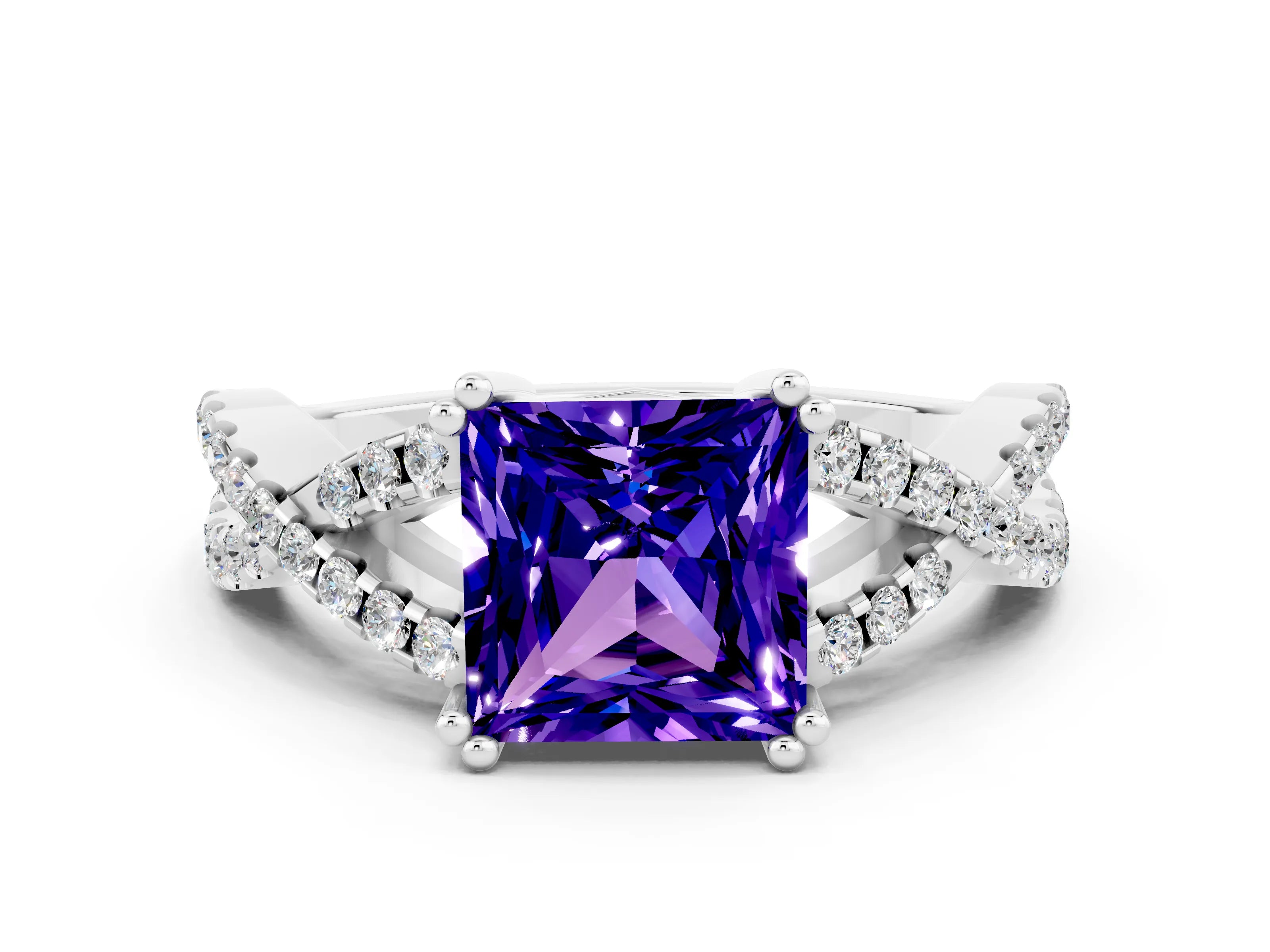 White gold Princess Cut Tanzanite Solitaire Ring with Four-Prong Setting and Twisted Pavé Band