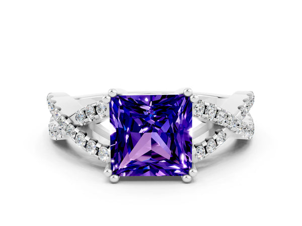 Silver Princess Cut Tanzanite Solitaire Ring with Four-Prong Setting and Twisted Pavé Band