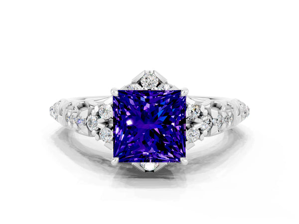 Platinum Princess Cut Tanzanite Solitaire Ring with Hidden Halo and Pavé Band