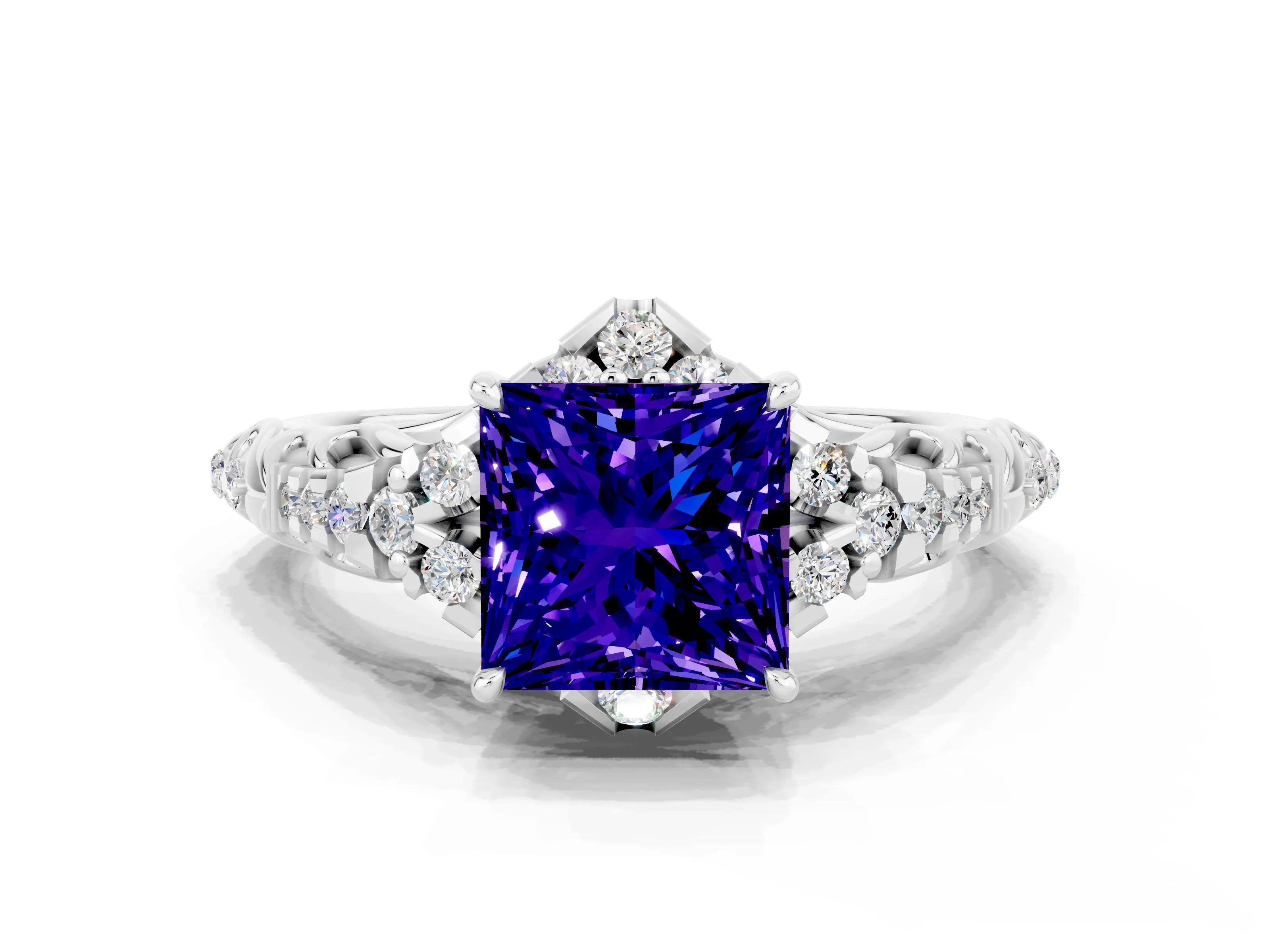 White gold Princess Cut Tanzanite Solitaire Ring with Hidden Halo and Pavé Band_12