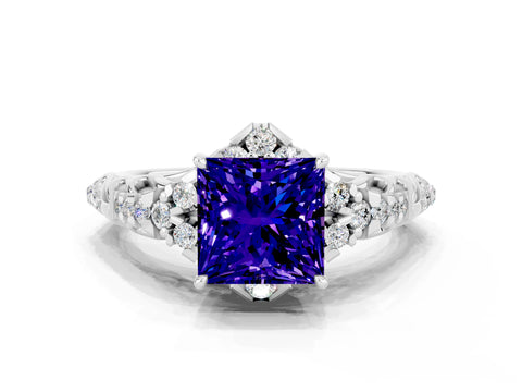 White gold Princess Cut Tanzanite Solitaire Ring with Hidden Halo and Pavé Band_12