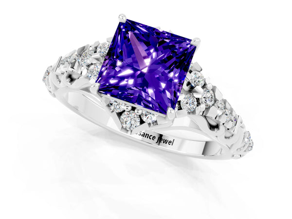 Platinum Princess Cut Tanzanite Solitaire Ring with Hidden Halo and Pavé Band