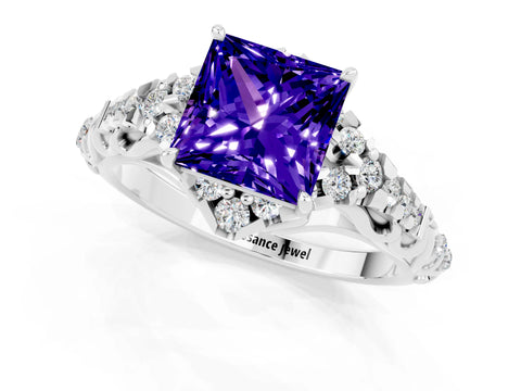 White gold Princess Cut Tanzanite Solitaire Ring with Hidden Halo and Pavé Band_13