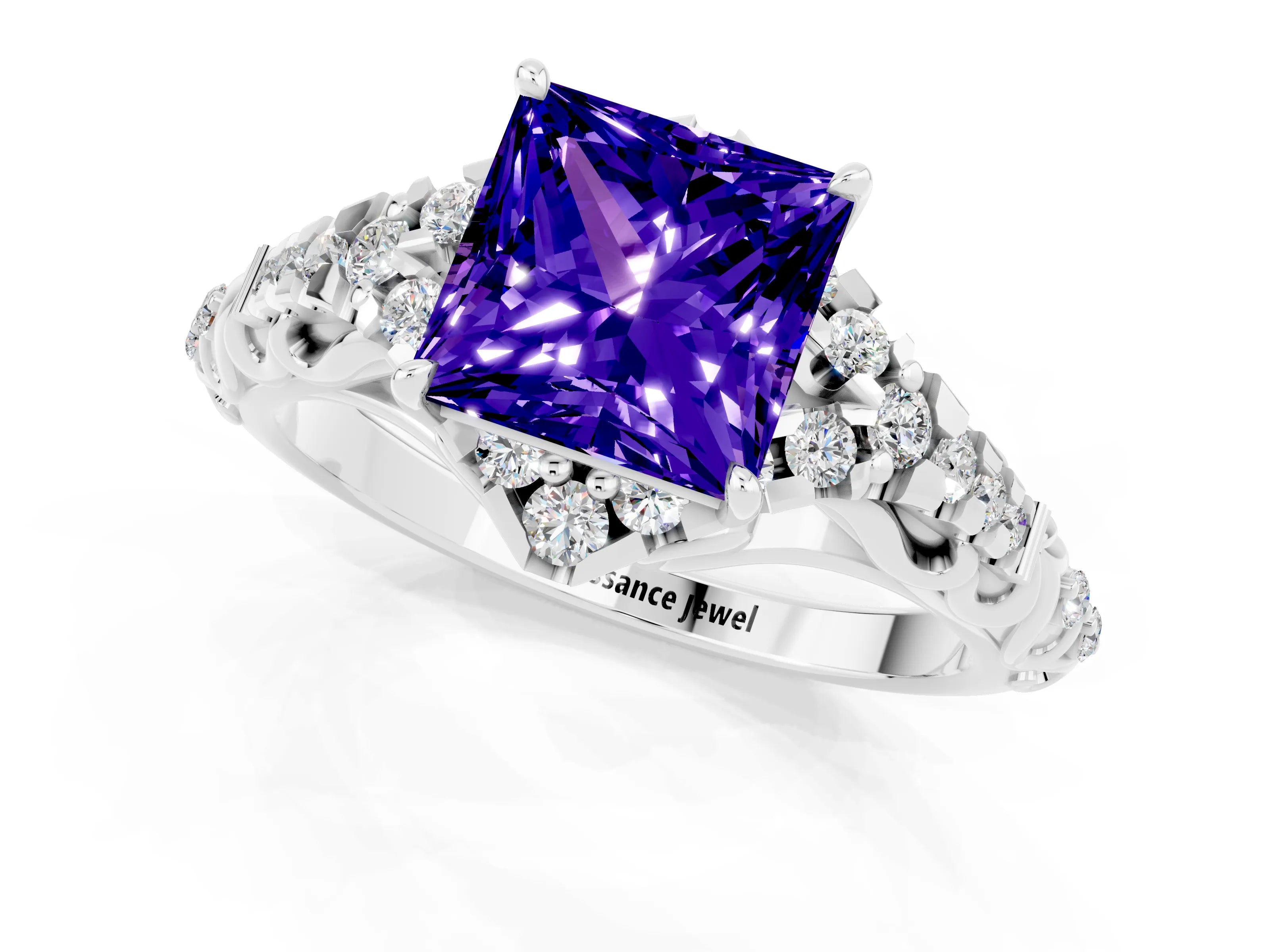 White gold Princess Cut Tanzanite Solitaire Ring with Hidden Halo and Pavé Band_13