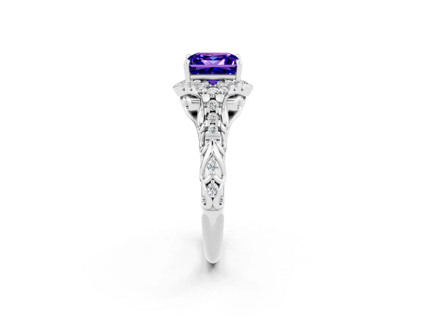 Silver Princess Cut Tanzanite Solitaire Ring with Hidden Halo and Pavé Band
