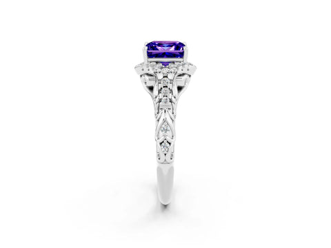 White gold Princess Cut Tanzanite Solitaire Ring with Hidden Halo and Pavé Band_14